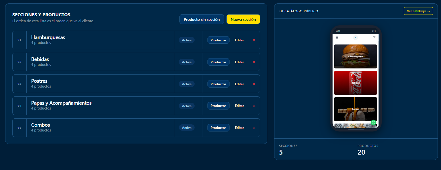 Pantalla de carga del catálogo con secciones y productos
