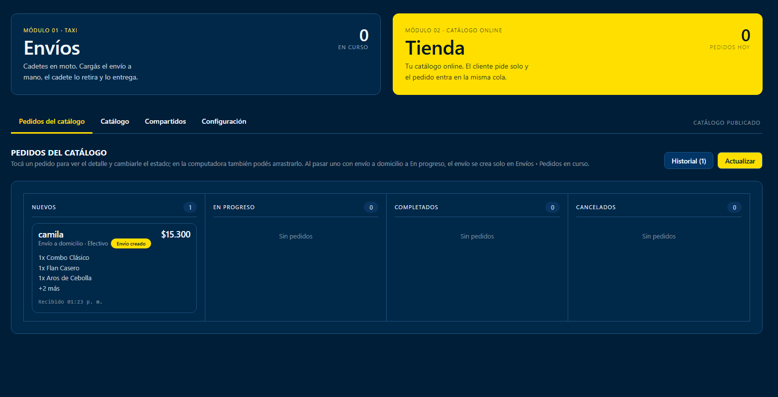 Panel del comercio con el pedido recién entrado
